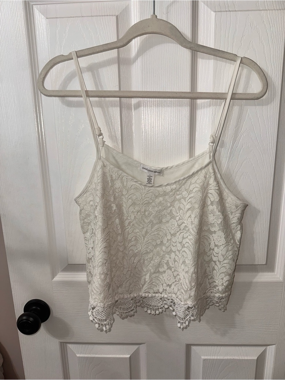 Ambiance White Lace Cropped Camisole with Scalloped Hem